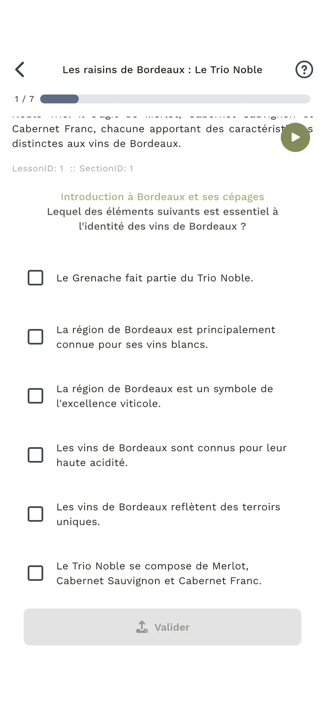 Leçon WineMind avec question interactive