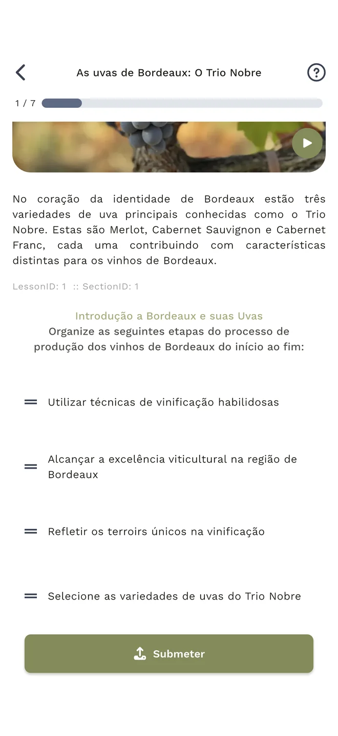 Lição WineMind com pergunta interativa